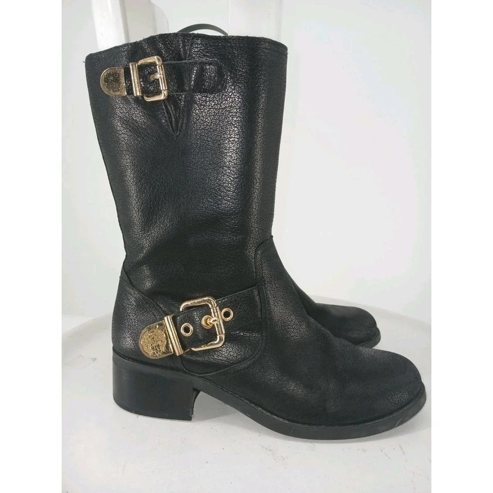 Vince Camuto Black Leather Moto Boots Womens Size 7.5M Gold Buckles C124